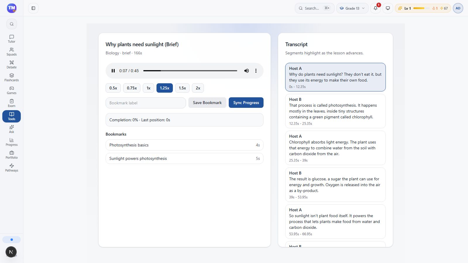 The lesson player showing speed controls, a saved bookmark, and transcript segments