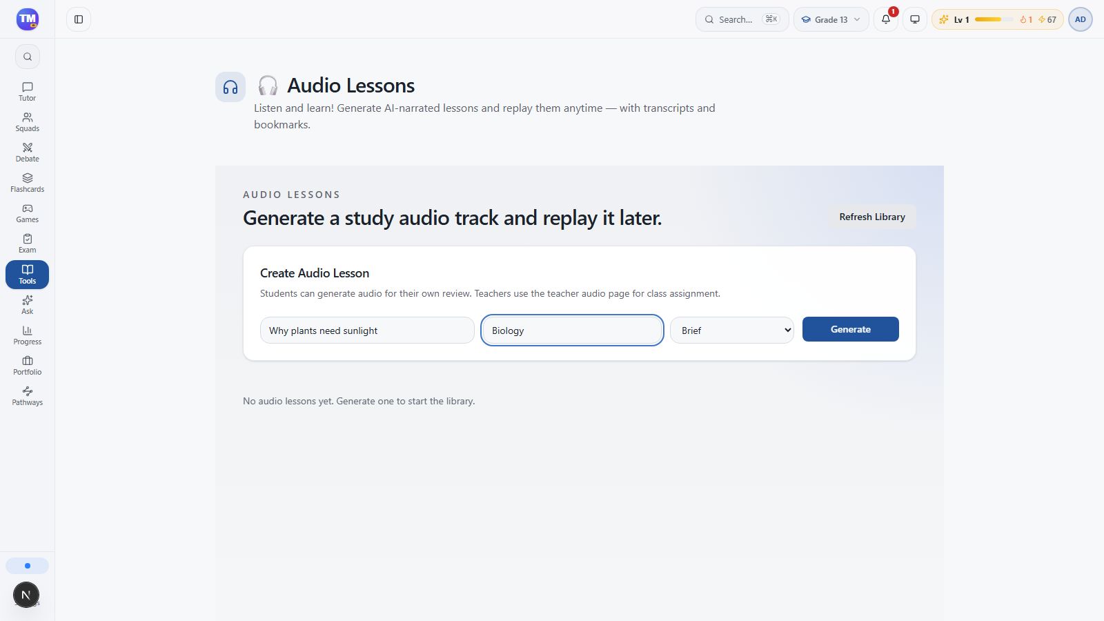 Audio lesson form filled with a focused biology topic and Brief format