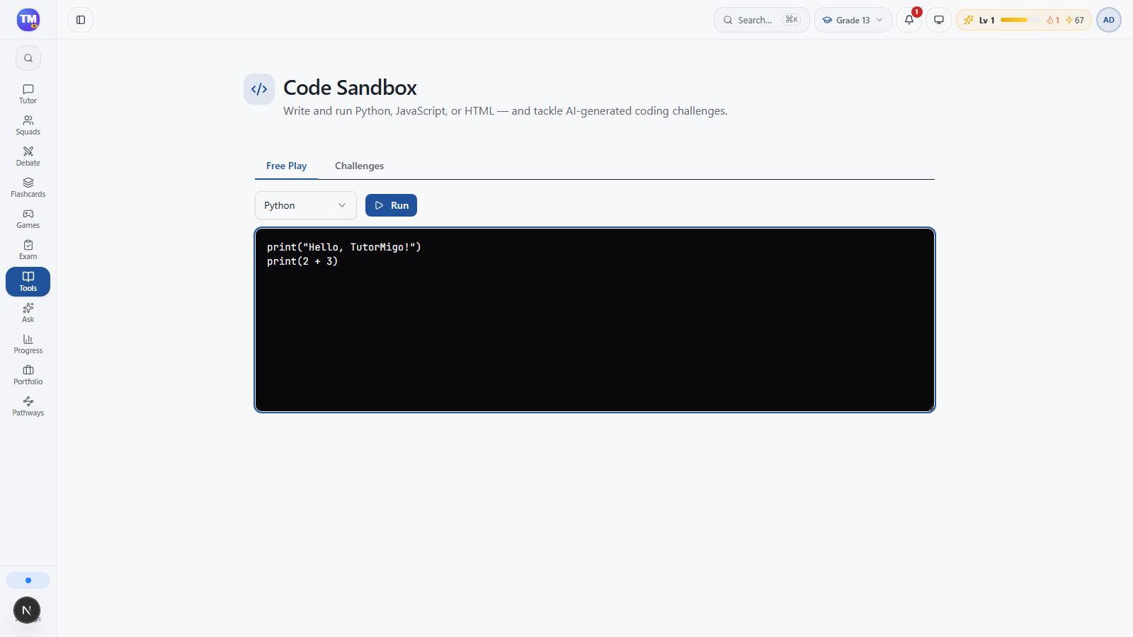 A greeting and an addition example typed into the Python editor