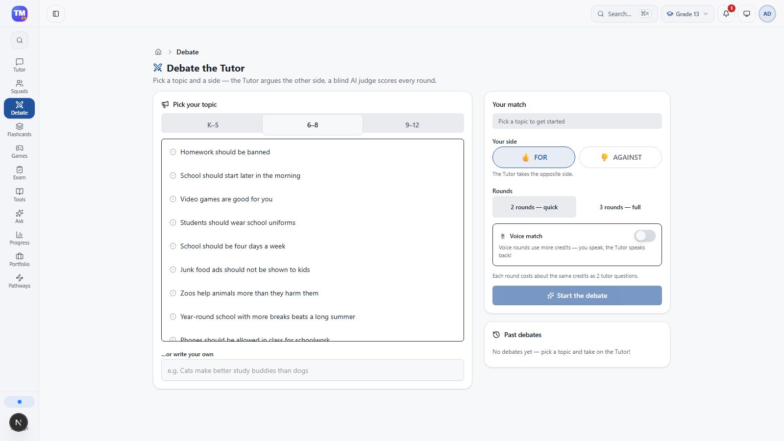 Debate setup with custom topic, side, rounds, and voice-match choice