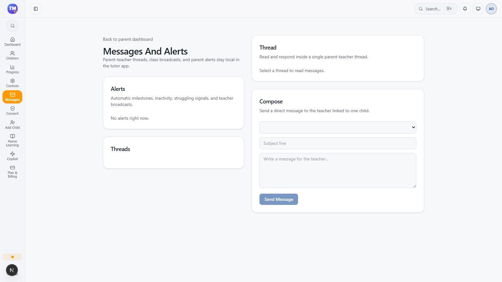 Parent Messages interface in the local family workspace