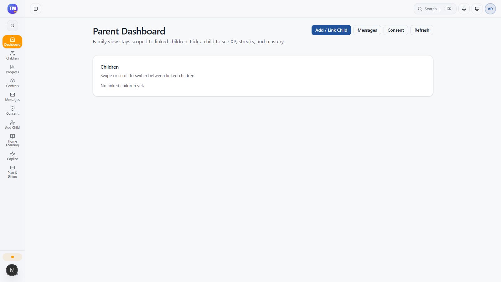 Parent Dashboard before a child has been linked