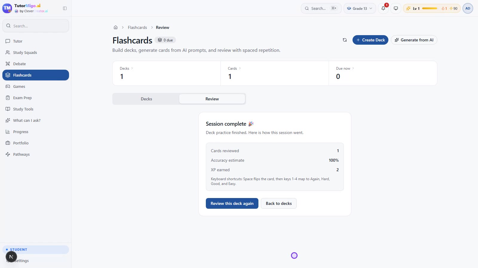 A completed one-card example review session