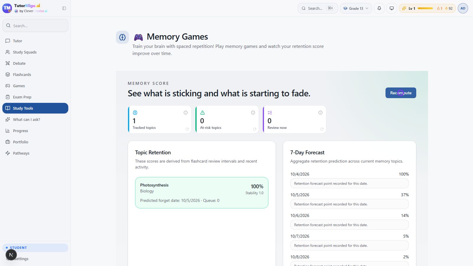 Retention dashboard after a real flashcard review and Recompute