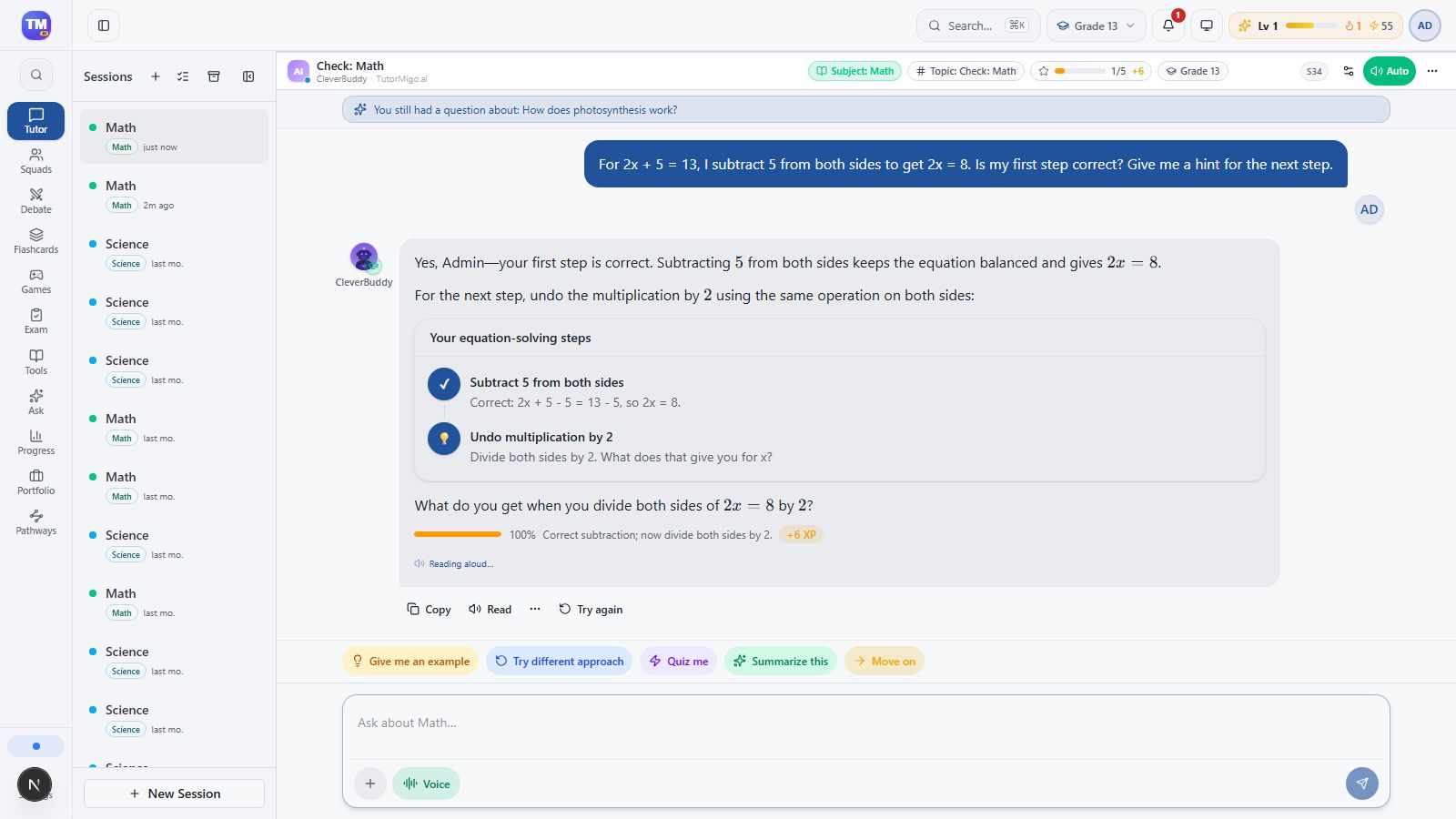 The tutor reviews subtracting five from both sides and offers guidance