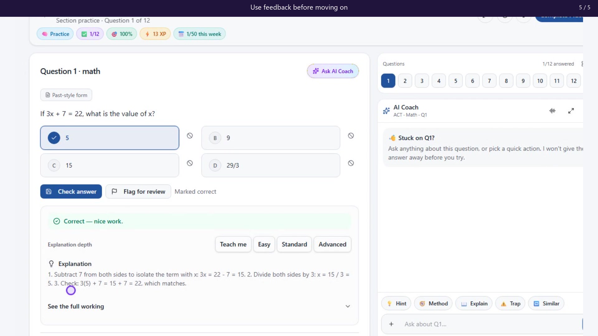 Preview: Set an exam goal and check a practice answer